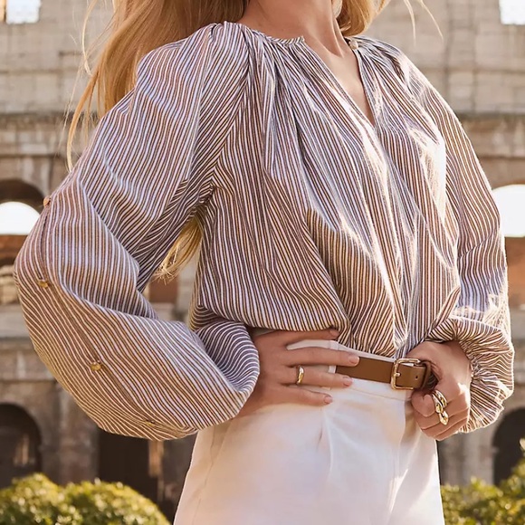 LOFT Tops - LOFT Cream and Black‎ Striped Peasant Blouse